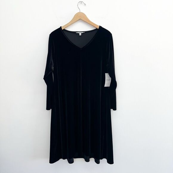 Sympli Women’s Savvy V Neck Black Velour Trapeze Dress - Picture 2 of 10